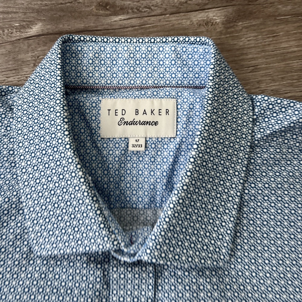 Ted Baker Endurance Dress Shirt 17 32/33 Blue Geometric Print Non-Iron Premium